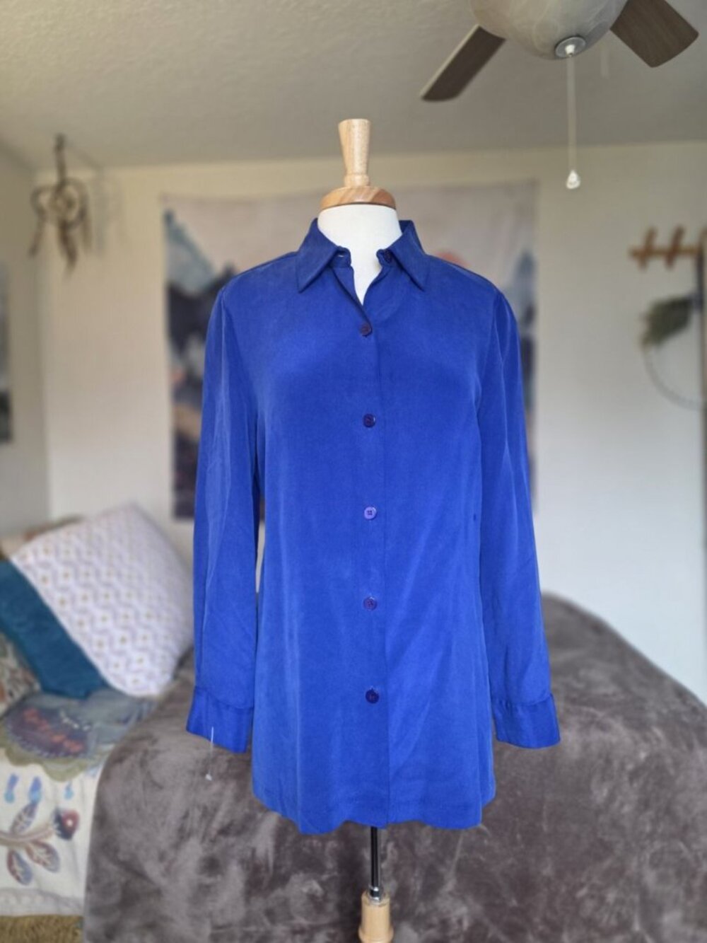 Josephine Chaus 100% Silk Blue Button Front Blouse Women's 12 Long Sleeve Top - Picture 2 of 14